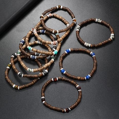 Bracelet Bohème Fait Main en Perles de Pierre et Coque de Noix de Coco Naturelle Bijoux Ethniques Élastiques Mixte