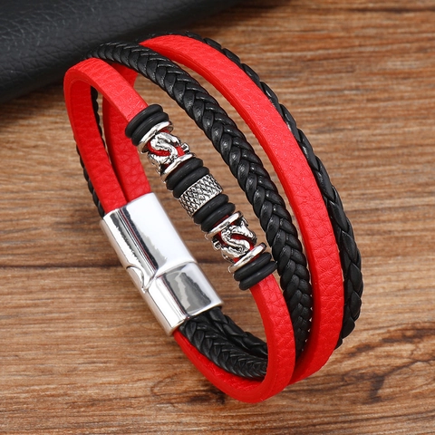 Pulsera Vintage de Cuero Trenzado Multicapa para Hombre Con Cierre Magnético de Aleación Patrón de Dragón Joyería Punk Rock