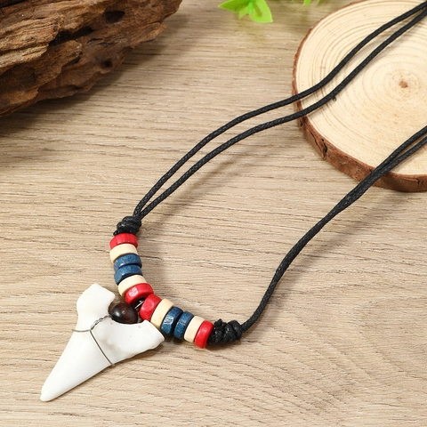 Bohemian Shark Tooth Pendant Necklace For Men Women Wood Bead Adjustable Wax Cord Ethnic Tribal Summer Surf Jewelry Gift