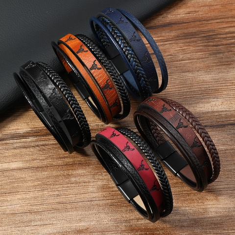 Bracciale da Uomo in Pelle Intrecciata Multistrato Con Stampa Testa di Toro Western Con Chiusura Magnetica in Lega Gioielli Retro
