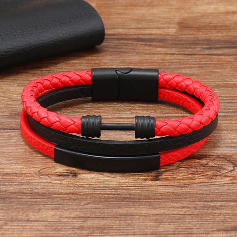 Men Multi-layer Braided Leather Bracelet Dumbbell Barbell Alloy Charm Trend Punk Hand-woven Bangle Jewelry Gift For Him