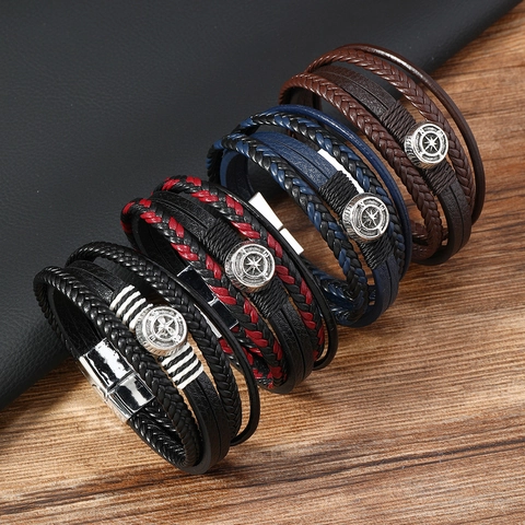 Bracciale da Uomo Multistrato in Pelle Intrecciata a Mano Con Ciondolo a Bussola Stile Retrò Personalizzato con Fibbia Magnetica Gioielli