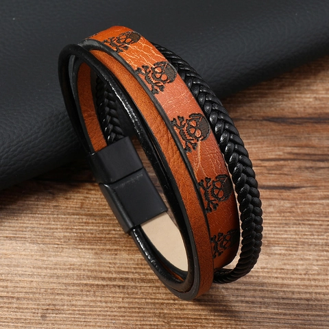 Men's Vintage Punk Multi-Layer PU Leather Braided Bracelet With Skull Print Alloy Magnetic Clasp Retro Rock Style Jewelry Gift