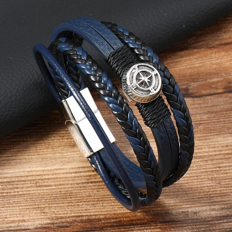 Bracciale da Uomo Multistrato in Pelle Intrecciata a Mano Con Ciondolo a Bussola Stile Retrò Personalizzato con Fibbia Magnetica Gioielli