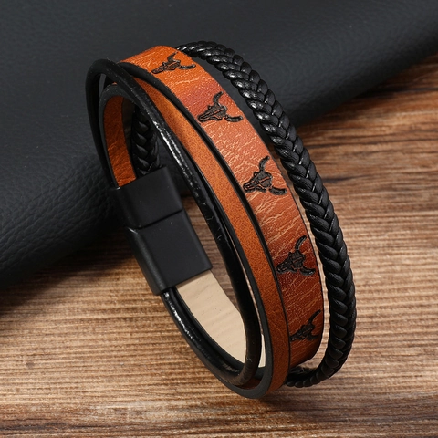 Bracciale da Uomo in Pelle Intrecciata Multistrato Con Stampa Testa di Toro Western Con Chiusura Magnetica in Lega Gioielli Retro