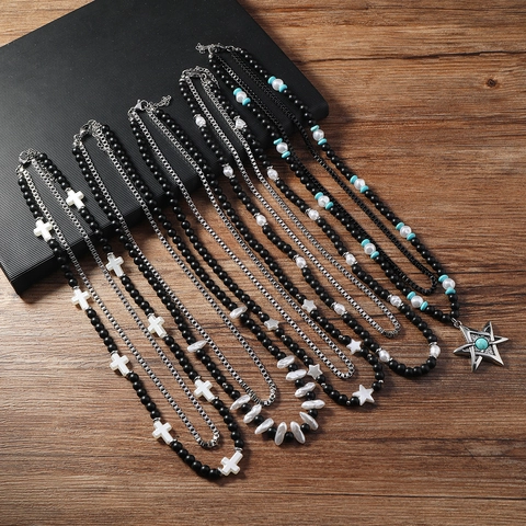 Men Double Layer Necklace Stainless Steel Chain Glass Frosted Beads Hip Hop Artificial Pearl Star Cross Pendant Jewelry