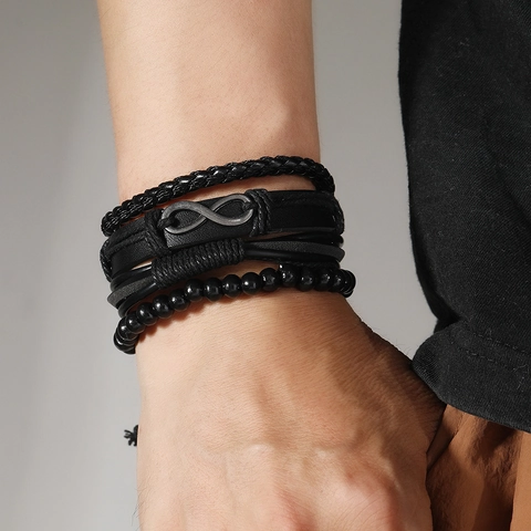 Bracelets Multicouches en Cuir PU Noir Vintage Quatre Articles Symbole Infini Corde Tressée Perles Punk Bijoux pour Hommes