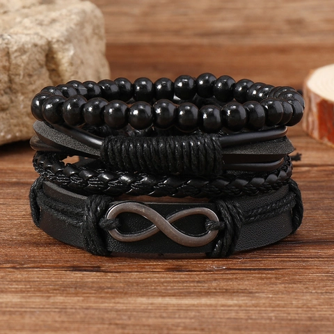 Bracelets Multicouches en Cuir PU Noir Vintage Quatre Articles Symbole Infini Corde Tressée Perles Punk Bijoux pour Hommes