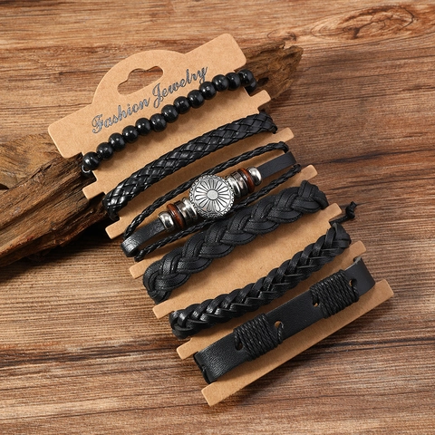 Pulsera de Cuero Trenzado Retro para Hombre Cabeza de Toro Disco Floral Punk Bohemio Multicapa Joyería Regalo Diario