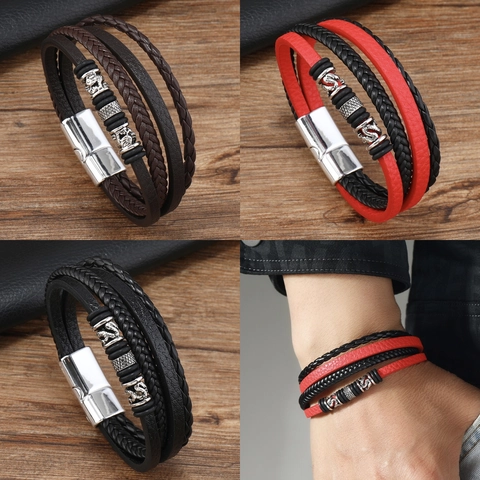 Pulsera Vintage de Cuero Trenzado Multicapa para Hombre Con Cierre Magnético de Aleación Patrón de Dragón Joyería Punk Rock