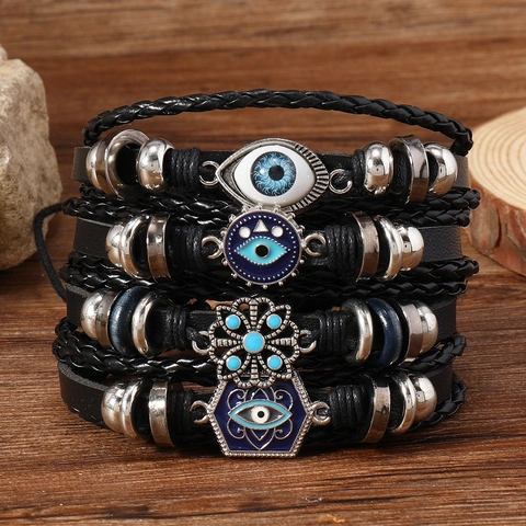 Bohemian Evil Eye Multi Layer Braided Leather Bracelet For Men Women Ethnic Hip Hop Adjustable Zinc Alloy Wristband Jewelry