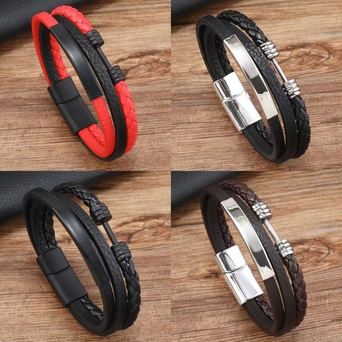 Men Multi-layer Braided Leather Bracelet Dumbbell Barbell Alloy Charm Trend Punk Hand-woven Bangle Jewelry Gift For Him
