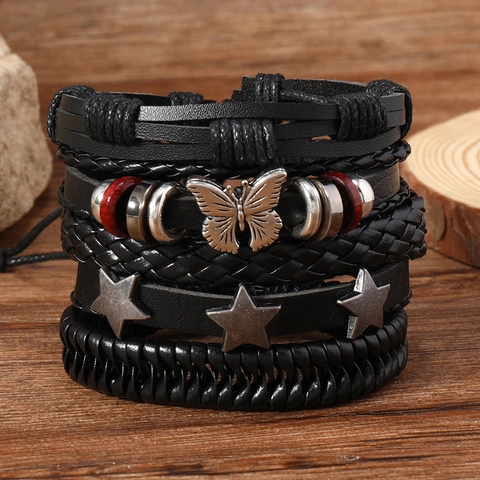 Vintage Multi-Layer Braided Faux Leather Bracelets For Men Women Alloy Butterfly Star Charms Adjustable Punk Jewelry