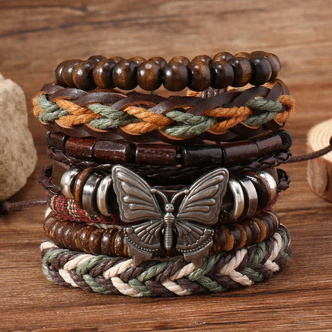 Pulsera de Mariposa Multicapa Vintage para Hombre Mujer Tejida a Mano Cuero Madera Cuentas Estilo Étnico Bohemio Joyería