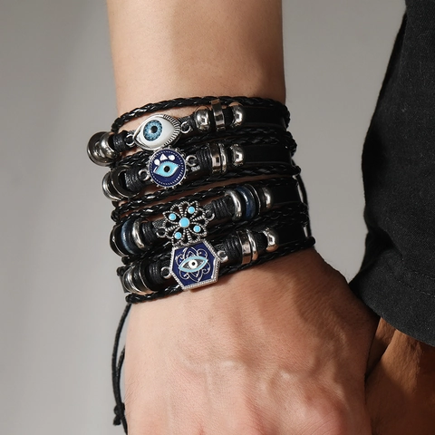 Bohemian Evil Eye Multi Layer Braided Leather Bracelet For Men Women Ethnic Hip Hop Adjustable Zinc Alloy Wristband Jewelry