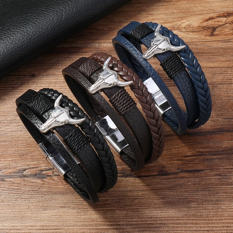 Retro Men's Multi-Layer Woven Leather Bracelet With Alloy Bull Head Decoration Magnetic Clasp Vintage Punk Wristband Jewelry