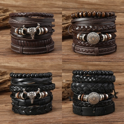 Pulsera de Cuero Trenzado Retro para Hombre Cabeza de Toro Disco Floral Punk Bohemio Multicapa Joyería Regalo Diario