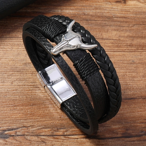 Retro Men's Multi-Layer Woven Leather Bracelet With Alloy Bull Head Decoration Magnetic Clasp Vintage Punk Wristband Jewelry