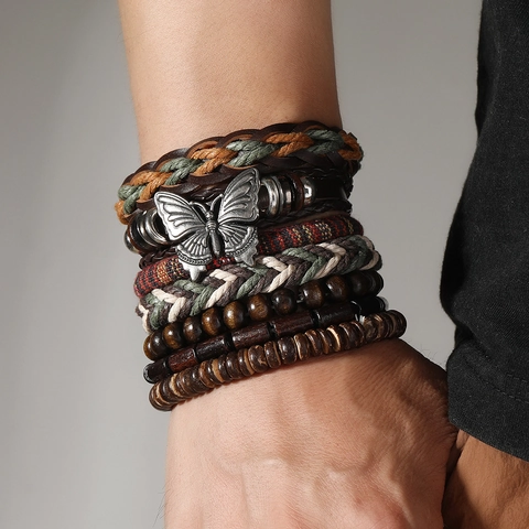 Pulsera de Mariposa Multicapa Vintage para Hombre Mujer Tejida a Mano Cuero Madera Cuentas Estilo Étnico Bohemio Joyería