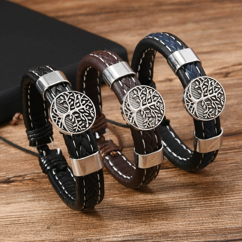 Vintage Handgefertigt Gewebt Leder Lebensbaum Armband Für Herren Verstellbar Retro Geflochtene Legierung Charm Armband Schmuck