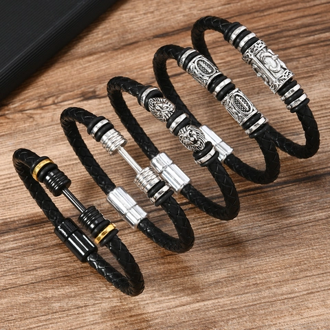 Bracciale in Pelle Intrecciata da Uomo Con Ciondolo in Lega di Zinco a Forma di Manubrio Ancora Calcio Stile Vintage Punk Gotico