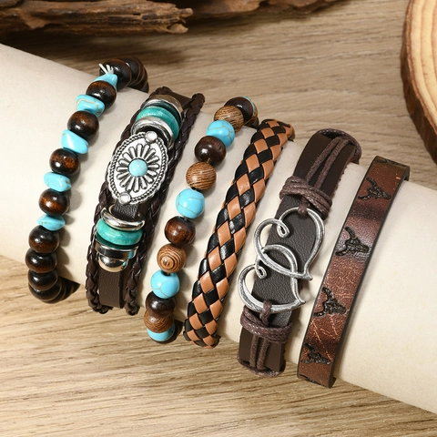 Bohemian Vintage Lederarmband Holzperlen Türkis Herz Stierschädel Anhänger Gewebtes Wickelarmband Für Damen Herren Schmuck