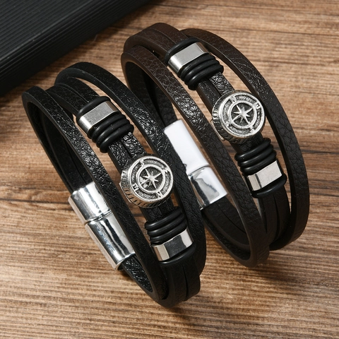 Retro Herren Kompass Mehrlagiges Geflochtenes Lederarmband Mit Magnetverschluss Legierung Punk Armreif Für Männer Outdoor