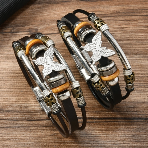 Bracciale in Pelle Intrecciata Multistrato Vintage Con Ciondolo a Farfalla Perline in Legno Chiusura in Acciaio Inox