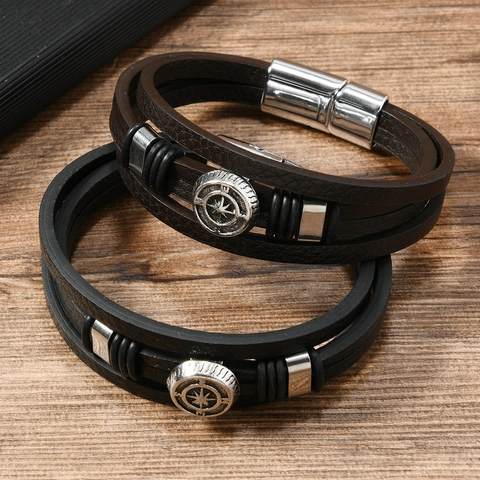 Retro Herren Kompass Mehrlagiges Geflochtenes Lederarmband Mit Magnetverschluss Legierung Punk Armreif Für Männer Outdoor