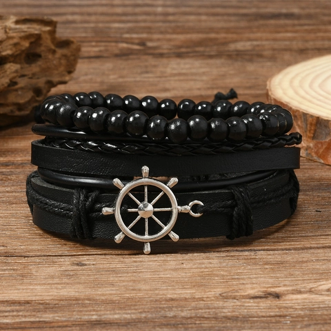 Vintage Nautical Leather Helm Bracelet Handwoven Alloy Braided Beaded Wristband For Men Women Daily Fashion Jewelry Accessories