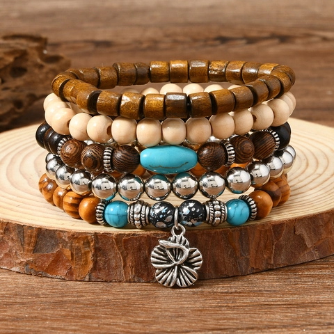 Combinazione di Bracciali Bohémien in Grani di Legno Retro Turchese Ciondolo a Fiore Gioielli Etnici per Uomo Donna