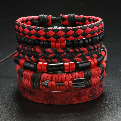 Bracciale Multistrato in Pelle PU e Legno Intrecciato Vintage Punk Con Ciondolo a Freccia in Metallo Regolabile Gioielli Uomo