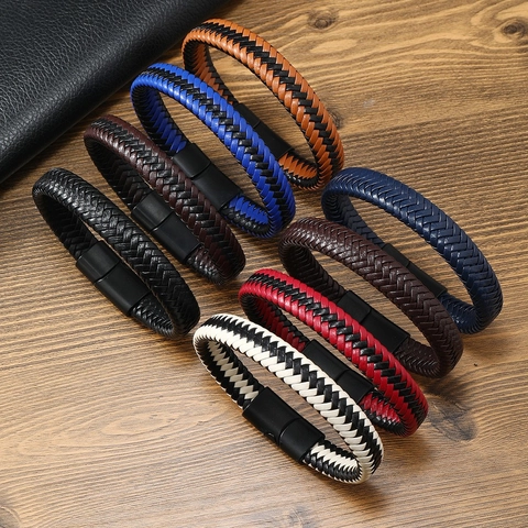 Bracelet Vintage en Cuir PU Tressé pour Hommes Fermoir Magnétique en Alliage Simple Jonc en Cordon Tissé Bijoux Décontractés de Fête