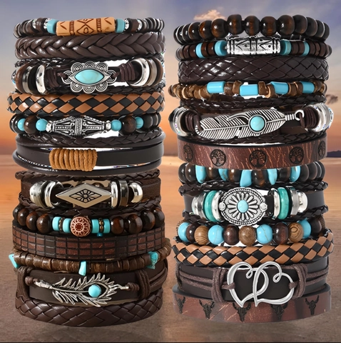 Vintage Boho Mehrlagiges Armband Set Für Herren Damen Legierung PU Leder Feder Herz Handgewebt Ethno Tribal Schmuck Geschenk