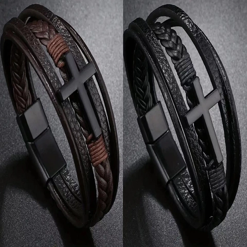 Bracciale in Pelle Retrò da Uomo Multistrato Intrecciato Con Ciondolo a Croce in Lega E Fibbia Magnetica Stile Punk Gioielli Uomo
