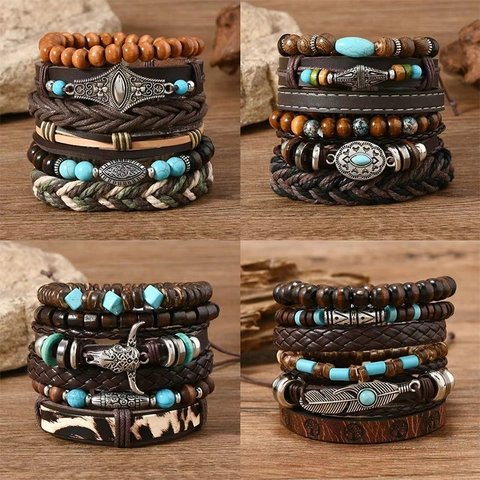 Set de Pulseras Bohemias Retro de Cuero y Cuentas de Madera Cabeza de Toro Pluma Árbol de la Vida Ojo Turco Joyería Étnica