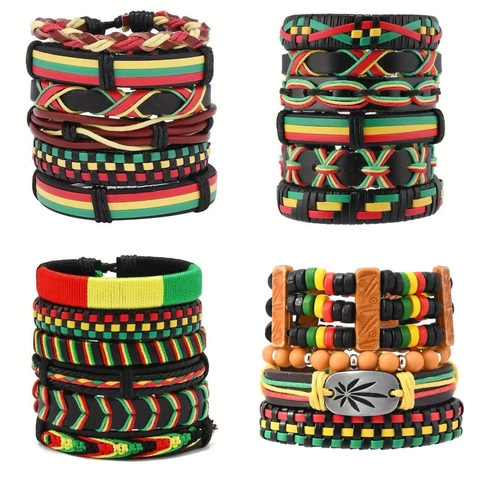 Bohemian Multi-layer Hand-woven Alloy Leather Bracelet Set Retro Maple Leaf Rasta Color Adjustable Wristband For Men Women