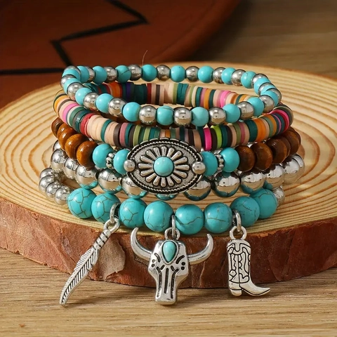 Bohemian Vintage Veer Stierenkop Cowboylaars Multi-layer Houten Kralen Armband Set Voor Mannen Vrouwen Etnische Sieraden