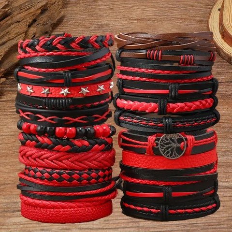 Collezione di Braccialetti Intrecciati a Mano Multistrato Vintage Con Ciondoli Stella Albero della Vita Pelle PU Lega di Zinco Gioielli Uomo
