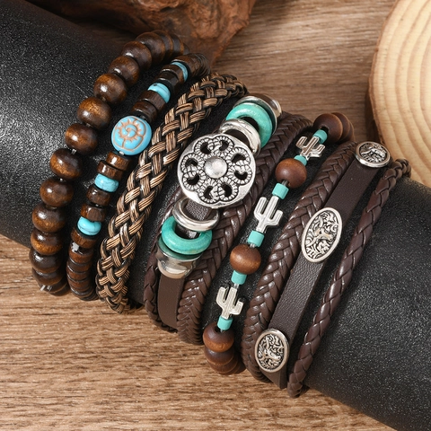 Retro Boho Meerlaags Gevlochten Armband Set Heren Dames Zonnebloem Stierenkop Legering Houten Kralen PU Leer Etnische Sieraden