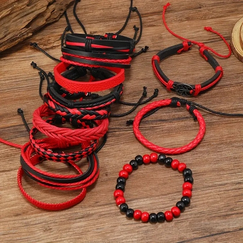 Collezione di Braccialetti Intrecciati a Mano Multistrato Vintage Con Ciondoli Stella Albero della Vita Pelle PU Lega di Zinco Gioielli Uomo