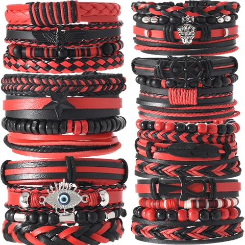 Bracciale Multistrato in Pelle PU Con Ciondoli in Lega di Leone Stella Timone Boho Vintage Punk Stile Gioielli Intrecciati a Mano Per Uomo Donna Unisex