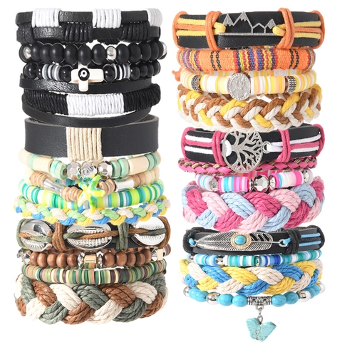 Bracciale Multistrato Bohemien in Pelle Intrecciata con Perline e Ciondoli in Lega Piuma Stella Marina Albero della Vita per Donna Gioielli da Vacanza