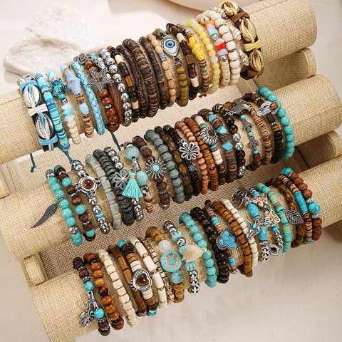 Bracelets Perlés Multicouches Bohème Superposables Bois Alliage de Zinc Turquoise Feuille Étoile Bijoux Ethniques pour Femmes