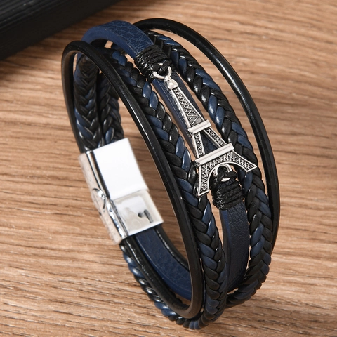 Vintage Herren Mehrlagiges PU Leder Gewebtes Armband Mit Zinklegierung Eiffelturm Anhänger Magnetverschluss Retro Mode Schmuck