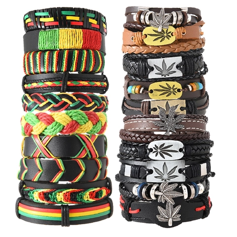 Vintage Gevlochten Leren Armband Meerdere Stapels Legering Esdoornblad Bedeltje Verstelbaar Waskoord Reggae Rasta Sieraden Voor Dames Heren
