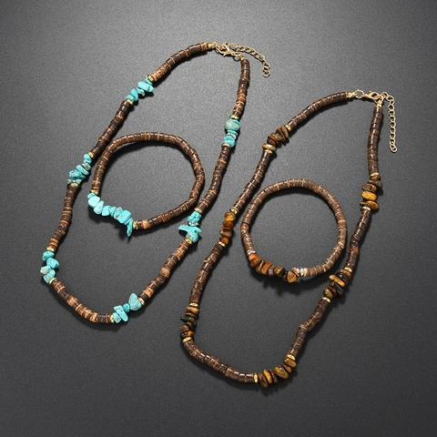 Handmade Natural Turquoise Tiger Eye Stone Coconut Shell Necklace Bracelet Set Bohemian Beach Vacation Jewelry Men Women