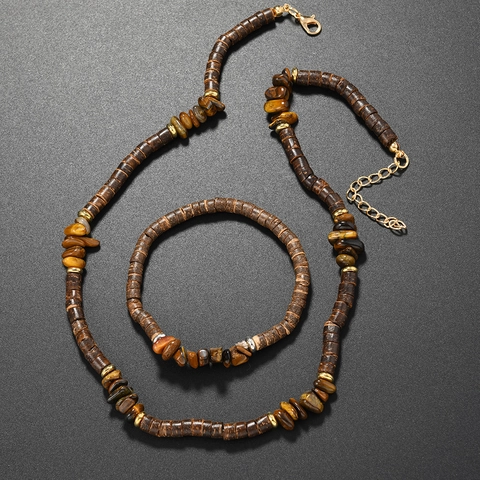 Handmade Natural Turquoise Tiger Eye Stone Coconut Shell Necklace Bracelet Set Bohemian Beach Vacation Jewelry Men Women