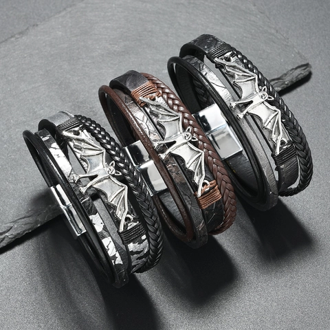 Bracelet Homme Dark Gothic Bat Multicouche en Cuir PU Tissé Punk Rock Alliage Chauve-Souris Fermoir Magnétique Bijoux Accessoire