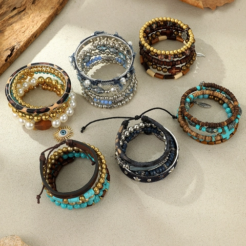 Vintage Bohemian Stacked Bracelets For Women Wood Beads Alloy Cross Evil Eye Feather Charms Ethnic Retro Jewelry Decoration